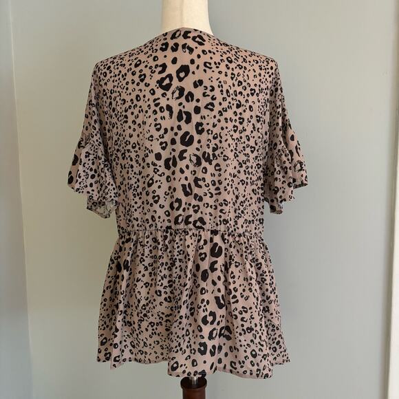 SHEIN Leopard Cheetah Print Brown Black Short Sleeve Top Button-Up Peplum Mediun - Picture 5 of 8